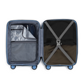 Light blue small cabin suitcase opened, showing interior pockets and cross straps