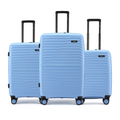 Set of blue suitcases with ribbed hard shell and black telescopic handles, 3 sizes