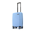 Light blue small cabin suitcase side view with telescopic handle and spinner wheels