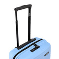Light blue small cabin suitcase top edge with black handle and zipper track