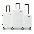 Set of three white cabin suitcases with black handles and wheels, front view