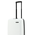 White cabin suitcase with top handle extended and black base trim, rear view
