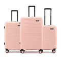 Set of three peach cabin suitcases with black handles and 8 spinner wheels.