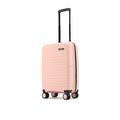 Pink cabin suitcase with ribbed hard shell, side view, black wheels and handle