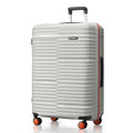 HRX large polypropylene check-in suitcase with 8 wheels, white hard shell.