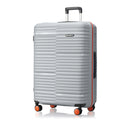 HRX large polypropylene check-in suitcase with 8 wheels, light gray hard shell.