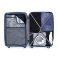 Blue hardside suitcase open, showing lined compartments and packing straps