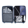 Open blue suitcase with garment pockets, elastic bands, and headphone pouch