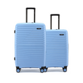 Two blue check-in suitcases with telescopic handles and four double wheels
