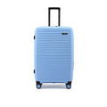 Blue medium check-in suitcase front view with telescopic handle and four double wheels