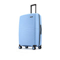 Blue hardside check-in suitcase with telescopic handle and 8 spinner wheels