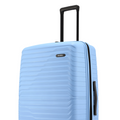 Light blue hard-shell suitcase with front zip pocket and side access handle