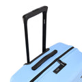 Blue hardside suitcase with black side carry handle and front zipper trim