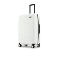 White large check-in suitcase side view with ribbed hard shell, black handle, and spinner wheels.
