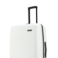 White large check-in suitcase close-up with ribbed shell, black handle, and side grip.