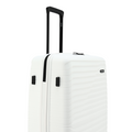 Large check-in suitcase, white shell with black corner guards and side handle