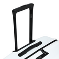 Large check-in suitcase, white base with black telescopic handle and carry grip