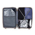 Peach suitcase open interior with packing divider and folded clothes inside