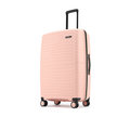 Peach large check-in suitcase angled side view with upright handle and 8 wheels