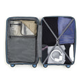 Hard-shell suitcase open showing inner divider, pockets, and folded clothes