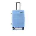 Blue hardshell check-in suitcase with upright handle and textured shell