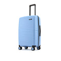 Blue hardshell check-in suitcase on 8 wheels with upright handle