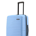 Blue hardshell check-in suitcase close-up with logo and upright handle