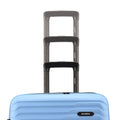 Blue hard-shell suitcase with telescopic handle and front label panel