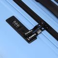 Blue suitcase zipper pull with black XHRX logo and track detail