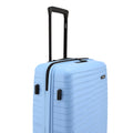 Blue hard-shell suitcase with side carry handle and front latch