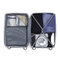 Open white suitcase interior with divider, pockets, and dark lining
