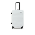 White upright hard-shell suitcase with telescopic handle and 8-wheel base