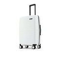 White hard-shell suitcase side view with telescopic handle and wheel set