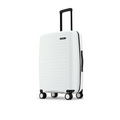White medium hard-shell suitcase side view with telescopic handle and spinner wheels