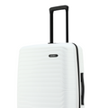 White hard-shell suitcase close-up with side handle and ridged texture