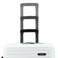 Stacked handles of white hard-shell suitcase with X-pattern grip detail