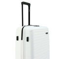Medium check-in suitcase with white shell and black vertical handle, side handle detail.