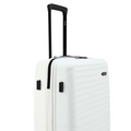 White medium check-in suitcase with black telescopic handle and 8 wheels, ribbed shell