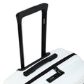 Medium check-in suitcase with black top handle and white zippered front pocket strap.