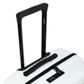 Black telescopic handle and top grip with zipper sliders on a white suitcase
