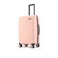 Peach medium hard-shell suitcase with front zipper panel and caster wheels