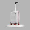 White cabin suitcase with red trim and eight spinner wheels, side view