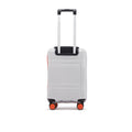 Small cabin suitcase with 8 wheels, white shell, telescopic handle, rear view