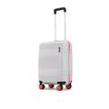 Small cabin suitcase with 8 wheels, white shell with red side stripe, telescopic handle, side view