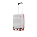 White small cabin suitcase with orange trim, standing side view and wheels visible