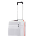 Small cabin suitcase with 8 wheels, white shell, black handle, orange trim at side seam