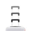 Small cabin suitcase with 8 wheels, stacked side view, white shell and dark top handle
