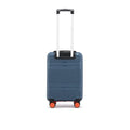 Small cabin suitcase with 8 wheels, blue shell, telescopic handle, front view