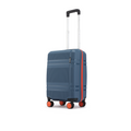 Small cabin suitcase, blue hard shell with telescopic handle and 8 wheels, side view
