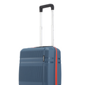 Cabin suitcase, blue hard shell with telescopic handle and vertical orange stripe detail